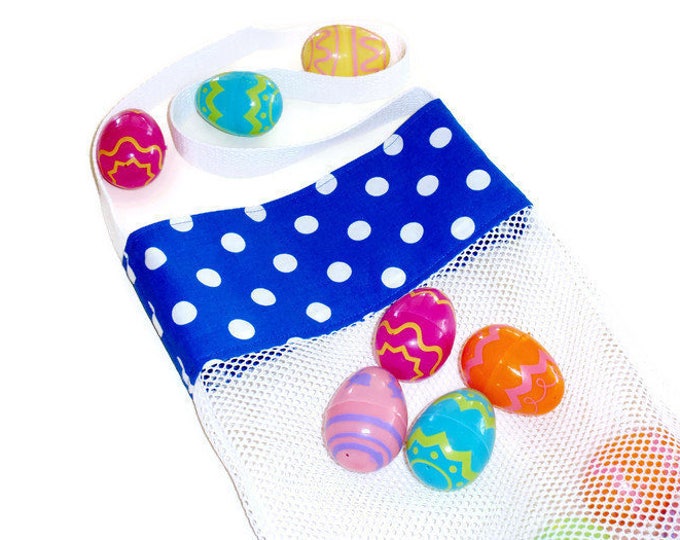 Easter Egg Hunting Bag, Mesh Beachcomber Sea Shell Collecting, Beach or Pool Toy Bag, Blue Polka Dot Tote, Gift For Kids or Adults