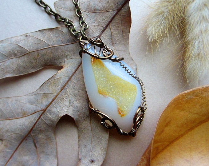Wire wrapped necklace "Galaxy" with beautiful white and amber color Druzy Agate (geode crystal). Custom length chain.