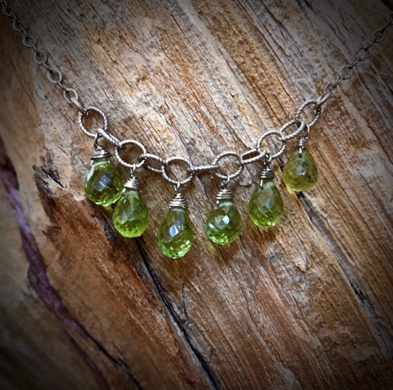 Peridot 6 drop Silver Necklace with Moonstones August