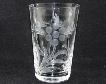 Antique Small Tumbler or Juice Glass, Floral Pattern, Foliage Design, Hand Etched, Handcrafted Glass, Vintage Glass, Clear Glass, Barware