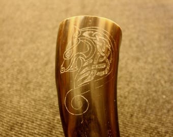 Hand carved Viking drinking horn with Ringerike style lion