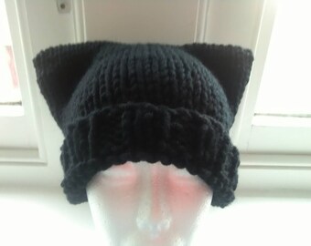 Black cat ear beanie, womens black handknit hat, teabag hat, present for wife, womens ear hat, mad cat lady gift, cat lover gift