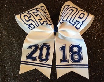 Senior 2018 Cheer Bow, Senior Cheer Bow, Glitter Cheer Bow, 2018 Cheer Bow, Royal Glitter Cheer Bow, Blue Glitter Cheer Bow, White Cheer Bow