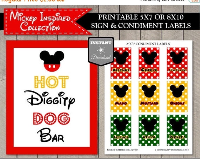 SALE INSTANT DOWNLOAD Mouse Hot Diggity Dog Bar Party Sign / 5x7 or 8x10 / Free Condiment Labels / Classic Mouse Collection / Item #1537