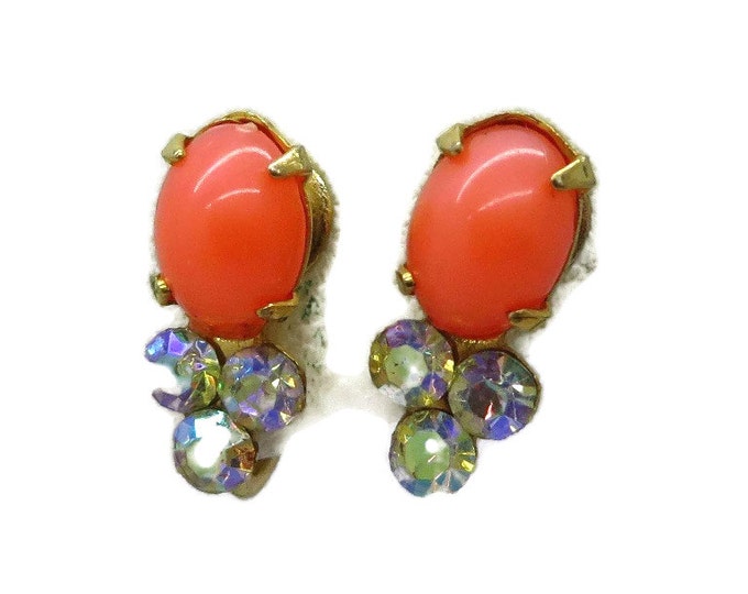 Faux Coral and AB Rhinestone Earrings, Vintage Orange Bead Rhinestone Screwback Earrings