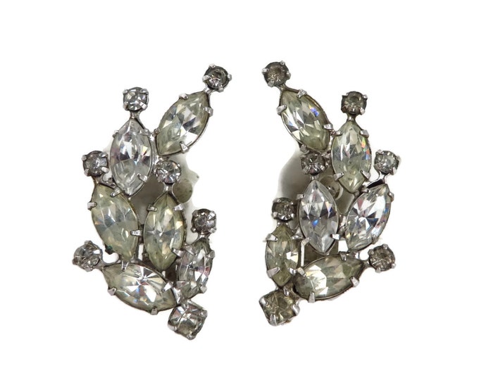 Vintage Weiss Navette and Round Rhinestone Curved Clip-on Earrings