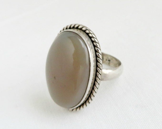 ON SALE! Vintage Oval White Quartz Sterling Silver Braided Edge Ring, Size 6