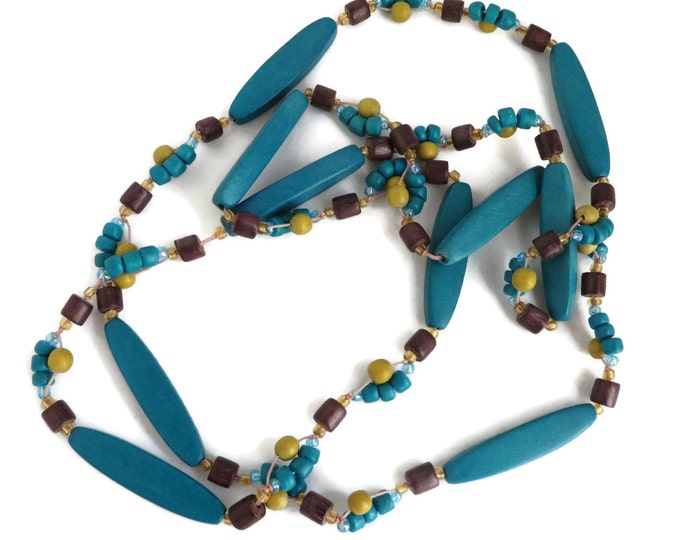 Teal Blue Wood Necklace, Vintage Beaded Necklace, Boho Hippie Jewelry, FREE SHIPPING