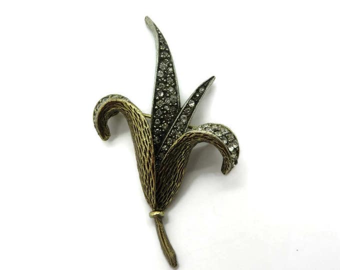 Flower Brooch, Rhinestone Leaf Brooch, Signed "ART" Pin, Gold Tone Brooch, Vintage Jewellery, Gift for Her