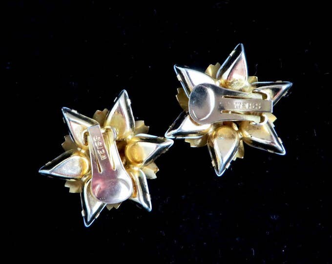 Weiss Glass Earrings, Vintage White and Gold Flower Earrings, Signed Weiss Clip-on Earrings