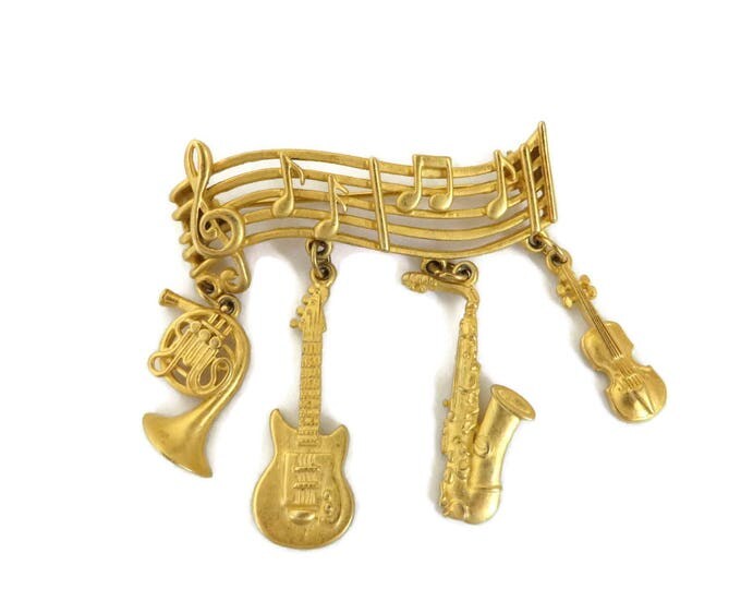 JJ Musical Bar Brooch, Vintage Gold Tone Musical Bar Dangling Charms Pin, Gift for Her
