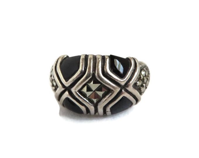 Sterling Silver Onyx Ring - Vintage Black Onyx and Marcasite Dome Ring, Size 6, Holiday Gift