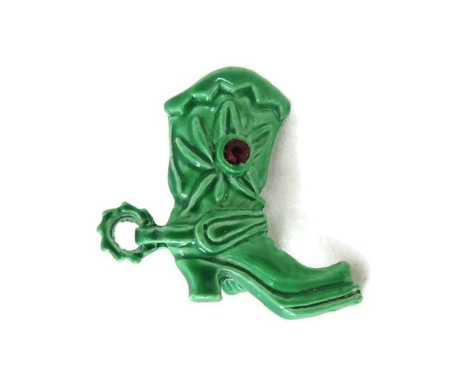 Cowboy Boot Pin, Vintage Green Enamel Red Rhinestone Signed Gerry's Western Boot Brooch, Gift for Her