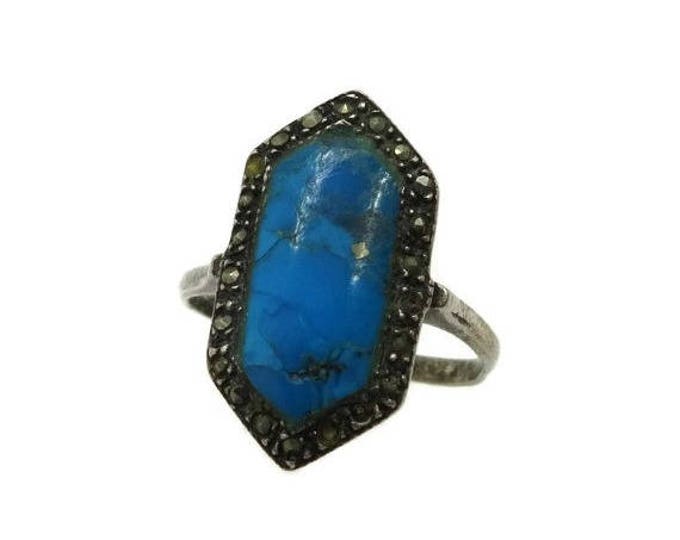 ON SALE! Vintage Turquoise and Marcasite Sterling Silver Ring, Size 7