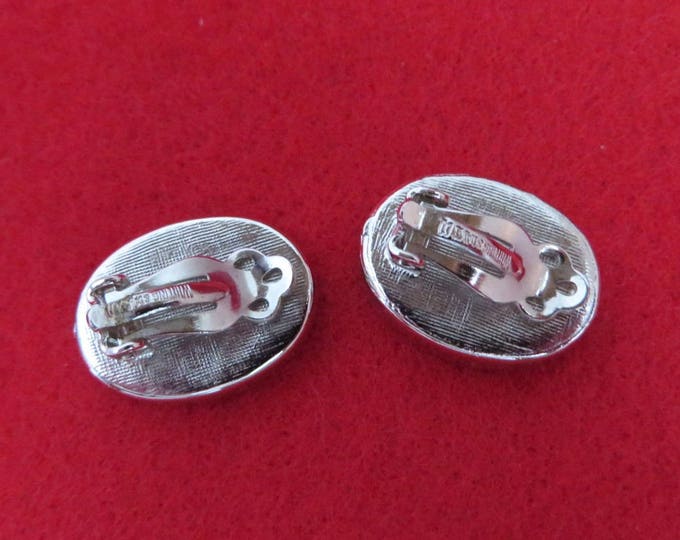 Whiting and Davis Abalone Earrings, Vintage Silvertone Oval Designer Signed Clip on Earrings