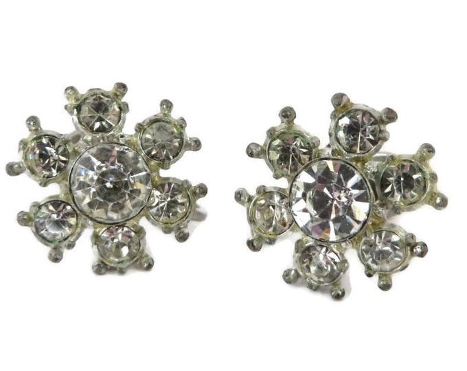 Rhinestone Snowflake Earrings - Vintage Signed Nemo Silver Tone Screw Back Earrings