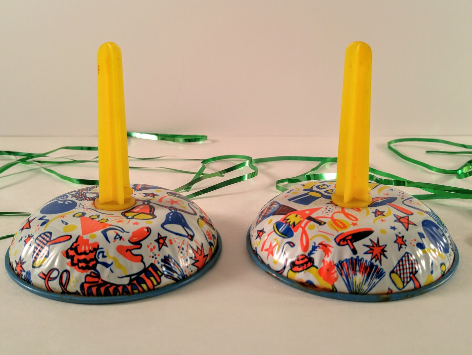 Vintage Metal Noise Makers. Set of 2. Mid Century New