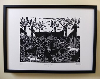 Hunting Dogs Original Lino Print