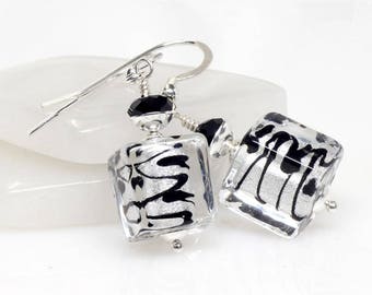 Silver, Black, Venetian Murano Glass Earrings, Silver Murano Glass Earrings, Sterling Silver, Italian Artisan, Zig Zag, Lampwork Earrings