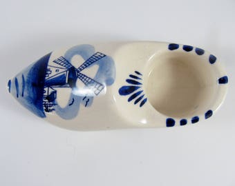 Vintage Dutch EH Delft Blue Ceramic Candle-Holder Shoe, Windmill Decoration, 98-10351 Holland, Signed
