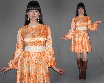 Vintage 60s Mod Floral Print Dress / Orange + White Flower Power / Eyelet Trim, Bishop Sleeve / Groovy, Psychedelic / Love Witch, Lana / Med