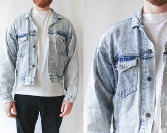 Vintage Mens Acid Faded Distressed Denim Jacket • Hipster Clothing • 90s Grunge Cotton Jacket • Punk Rock Biker Jacket • Post Apocalyptic. M