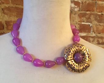 OOAK Colorful Purple Jade Statement Necklace with Colorful Vintage Flower Brooch
