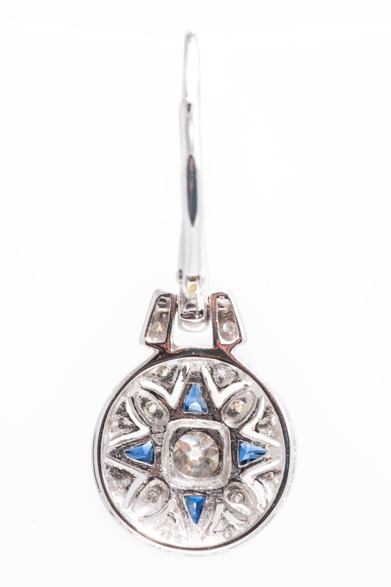 Sale! Art Deco 1.58ct French Cut Sapphire & Diamond Earrings in 14k