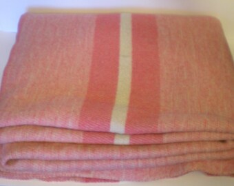 Vintage Wool Camp Blanket Cottage Chic Cabin Decor 70 X 80" Pink Stripe