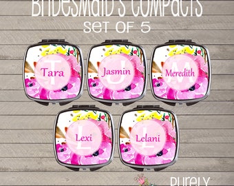 Watercolor flowers personalized Compact Mirror-Pocket Mirror - Bridesmaids Gift - Wedding Party - Teacher Gift