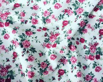 Beautiful red roses pretty floral rose cotton fabric by Rose and Hubble on an ivory white background by HALF METRE