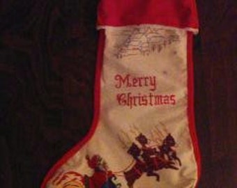 Vtg Merry Christmas Velveteen Stocking Santa Sleigh Reindeer Printed 19.5"