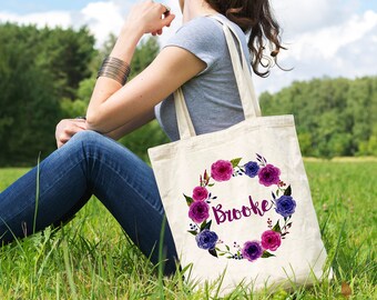 Canvas Tote Bag - Floral Royal Purple Wreath Personalized Bag
