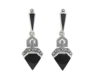 Sterling Silver Art Deco Marcasite Earrings, Black Onyx Earrings, Vintage Style Earrings, UK Seller, Marcasite Jewellery, Marcasite Jewelry