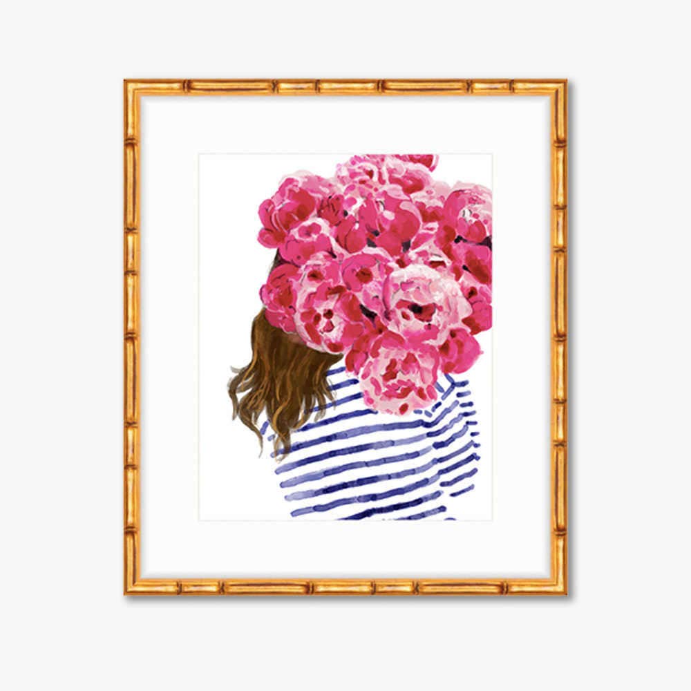 Navy Stripes and Pink Peonies Watercolor Print Home