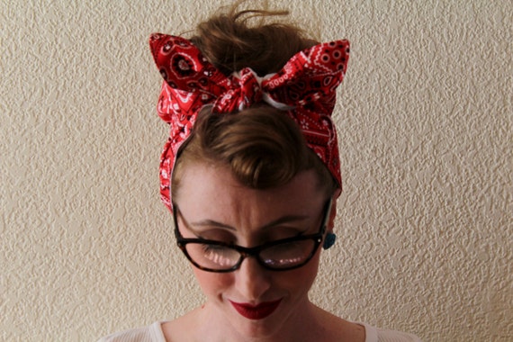 Bright Red Bandana Head Wrap Extra Wide Women's 1940's