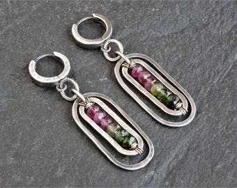 Oxidized sterling silver gemstone earrings, watermelon tourmaline earrings, gemstone dangle earrings, tourmaline jewelry, handcrafted