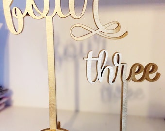Gold elegant wedding cursive table number - custom laser cut birch wood - 9 inches tall