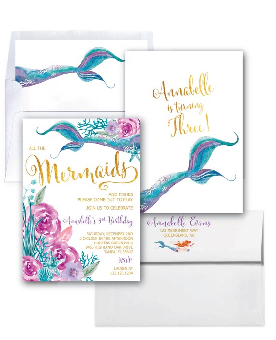 Mermaid Invitation // Under the Sea Invitation // Watercolor // Gold Foil // Boho Chic // Floral // Girls // Purple // QUEENSLAND COLLECTION Il_570xn