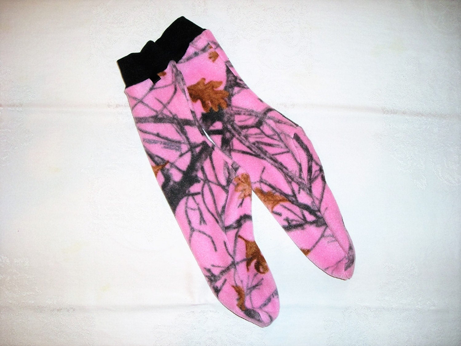 Fleece socks. Pink camo socks. Camouflage socks. Black cuffs.
