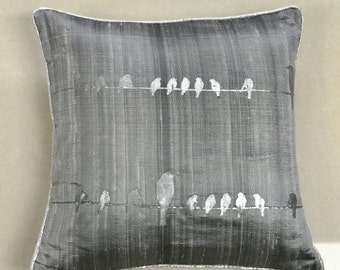 Birds On Wire Screenprinted Cushion Cover-Grey