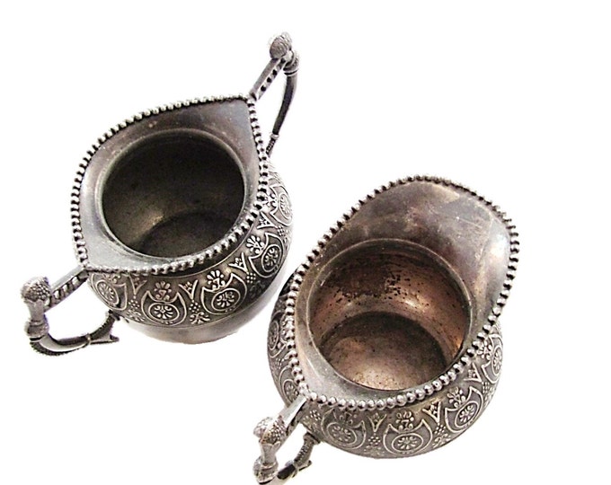 ANTIQUE Embossed Design Silver Cream and Sugar Set / Antique New York Silver / L'Allemand Silver Made in the USA / Embossed Silver Creamer