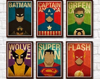 Minimalist Superheroes Vintage Poster Set of 6 Prints