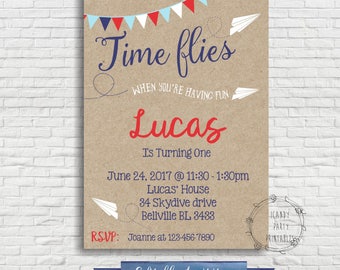 Airplane Birthday Invitation, Paper Airplane First Birthday, Paper Plane, How time flies, Editable, INSTANT DOWNLOAD
