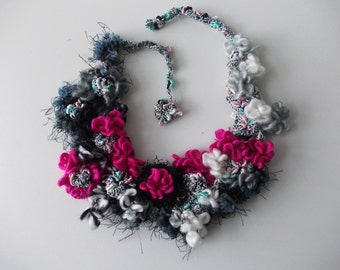 Frozen garden... Gray, pink, black, white necklace... colorful handmade crochet chunky necklace, fiber necklace, crochet statement jewelry.