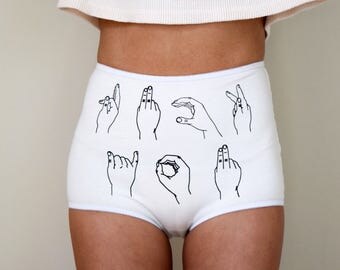 High Waisted Underwear, Womens Clothing, Screen Printed, Organic Cotton Panties, Fuck You, Mature, Sign Language, Vintage Style, Funny