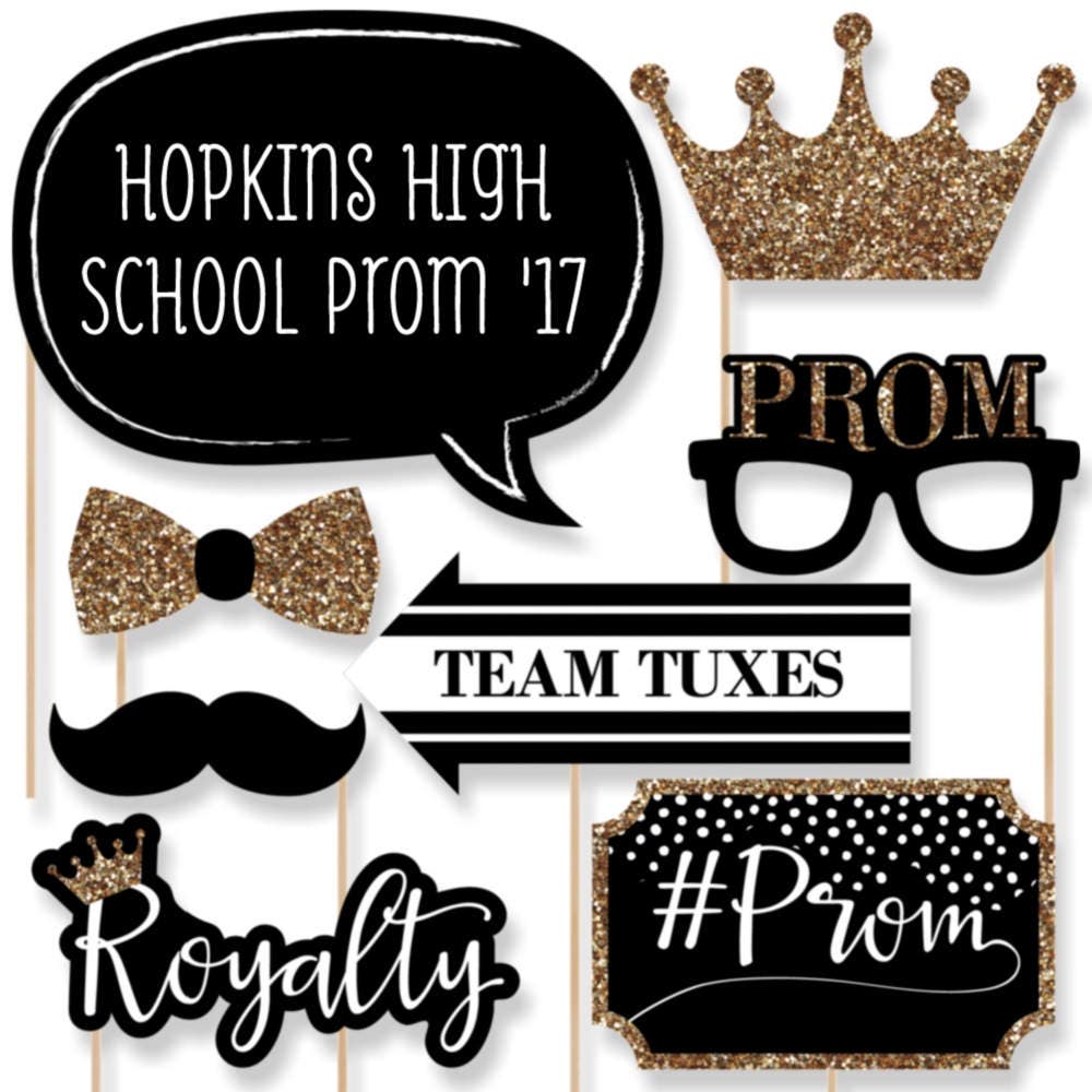Prom 20 Piece Photo Booth Props Kit Black and Gold Prom