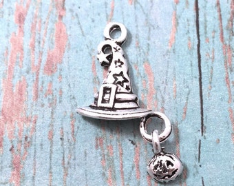 8 Witch hat with pumpkin charms (1 sided) antique silver tone - witch hat pendants, Halloween charms, wizard hat charm, pumpkin pendant, XX1