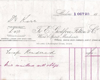 Antique Paper Ephemera - Billhead from Godfree, Felton & Co -Wine + Spirit Merchants, England 1895 - Victorian Ephemera - Antique Letterhead
