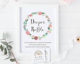 Diaper Raffle Printable | Diaper Raffle Ticket Printable | Floral Diaper Raffle Ticket and Sign Printable | Diaper Raffle | INSTANT DOWNLOAD